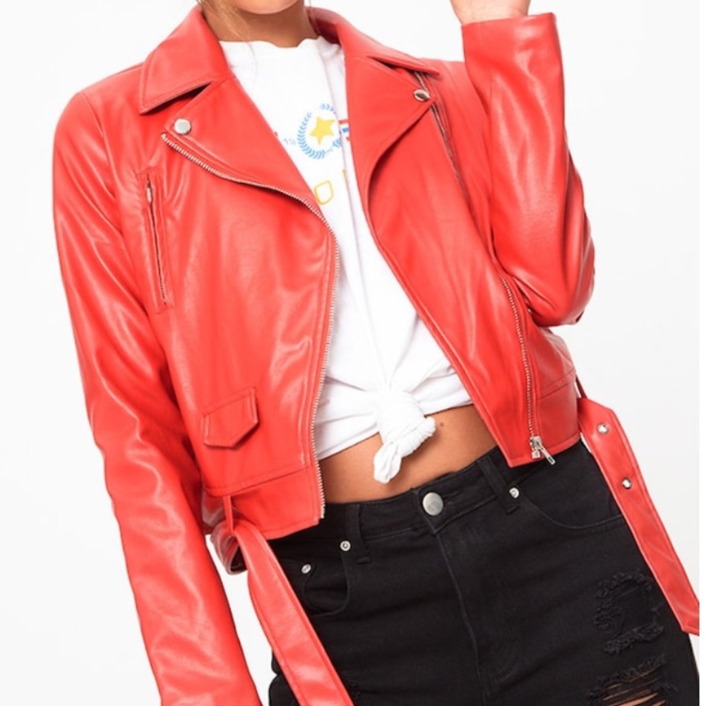Red pleather biker jacket